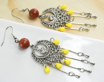 Ethnic Earrings goldtone - orange and yellow - Ethnic earrings - earrings boho money - Tribal Earrings