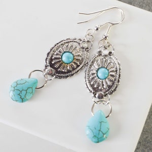 Dangling earrings with concho pattern charms and howlite turquoise drop, ethnic bohemian jewelry for women, ideal as a gift image 10