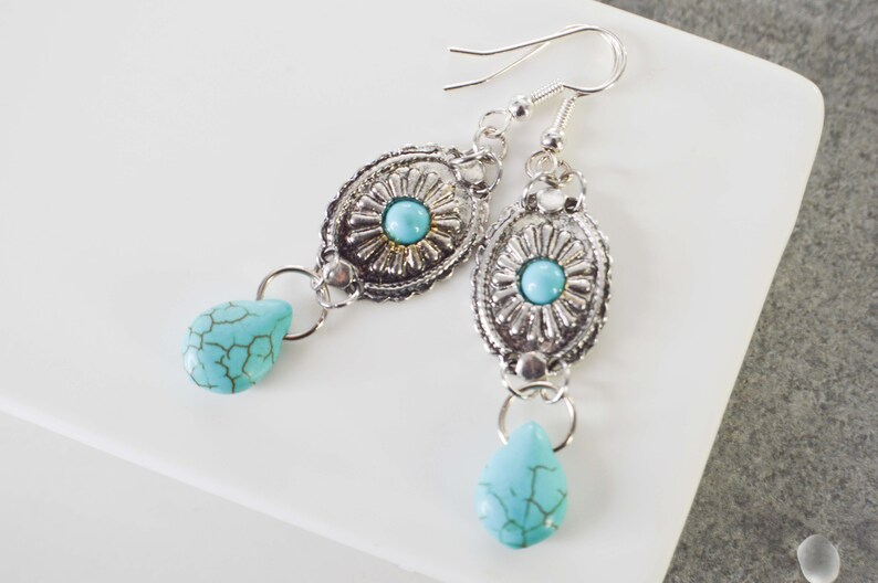 Dangling earrings with concho pattern charms and howlite turquoise drop, ethnic bohemian jewelry for women, ideal as a gift image 10