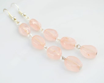 Pretty pink quartz earrings, fine stone triangle jewel, polished gemstone bead, woman earrings, perfect gift