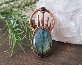 Labradorite Necklace // Raw Amethyst Necklace // Trident Necklace // Copper Pendant // Labradorite Stone Necklace