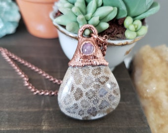 Coral Necklace // Fossil Coral Pendant // Tourmaline Crystal Necklace // Coral Statement Necklace