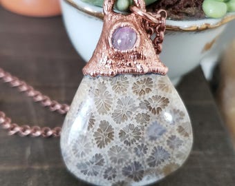 Fossil Coral & Tourmaline Necklace – Handmade Stone Pendant – Unique Crystal Jewelry Gift