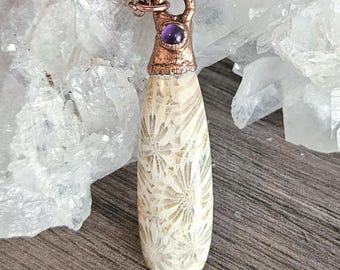 Fossil Coral and Tourmaline Necklace: Handmade Copper Pendant