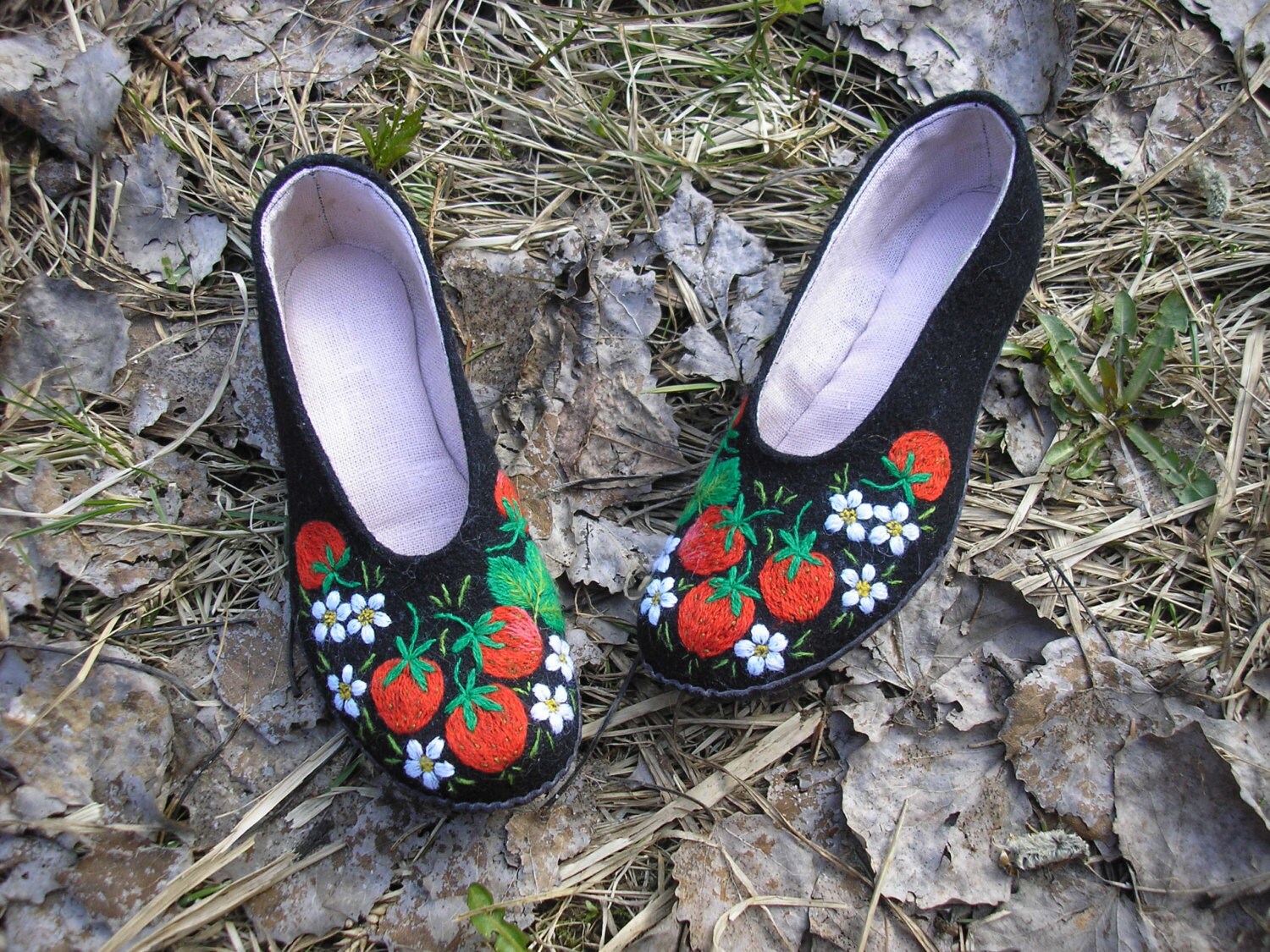 Strawberries Hand Embroidered Slippers With Leather Sole for Etsy