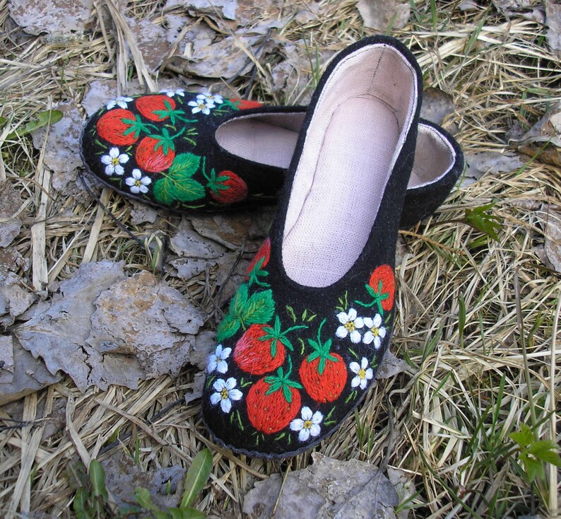 Strawberries Hand Embroidered Slippers With Leather Sole for Etsy