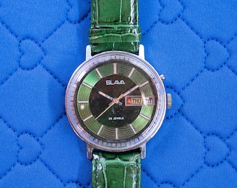 Slava vintage rosyjski mechaniczny męski zegarek GREEN SHOOTING STAR