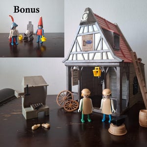 Mittelalter Schmied - Playmobil 3442 - Geobra 1977 - Ritterburg Dorf - Vintage Spielzeug Sammlerstück - Mit Bonus-Figuren und Zubehör