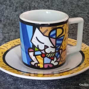 Romero Britto Cat cpuaccino mug and saucer