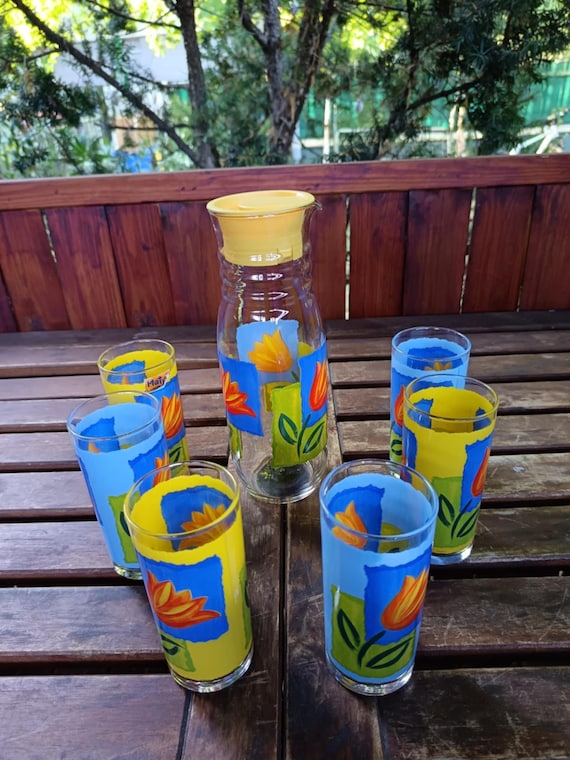 Luminarc Matys Tulip Drink Set: Yellow & Blue Floral Decanter