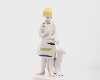 Marien Lamm - Vintage Polonnoe Porzellan - Handbemalte Figur - Kleines Mädchen & Baby Schaf - Aus den 60er Jahren - Made in USSR - Retro Polonsky