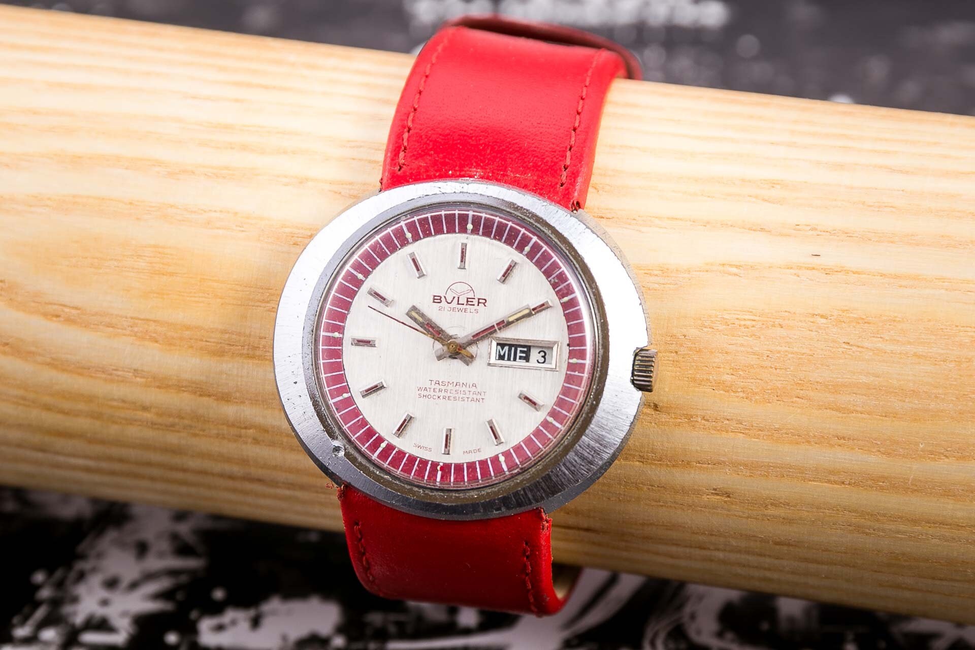 Buler Huge Vintage Swiss Oval Mechanical Men's Watch RED TASMAN