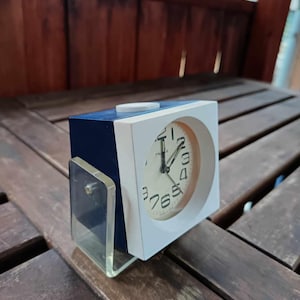 Vintage German DDR pop art space age blue and white Ruhla alarm clock