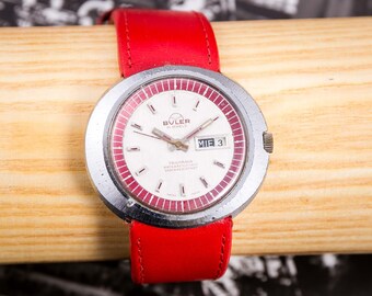 Buler huge vintage Swiss oval mechanical men's watch RED TASMAN DEVIL