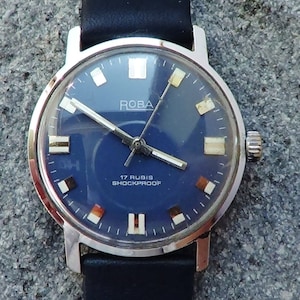 Mechanical Roba Swiss watch, mens watch, gents watch, sport watch, wind up watch, blue watch, black strap watch, BLUE DOLPHIN SPLASH
