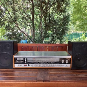 Może przedstawiać: Zestaw stereo w stylu vintage z odbiornikiem z srebrnym panelem przednim i drewnianymi akcentami, otoczony dwoma czarnymi głośnikami. Odbiornik posiada wiele pokręteł i przycisków. Zestaw stoi na drewnianej powierzchni, z naturalnym tłem.