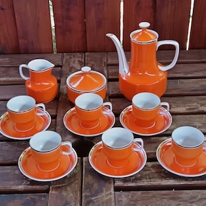 Hungarian BRIGHT ORANGE Hollohaza coffee set.