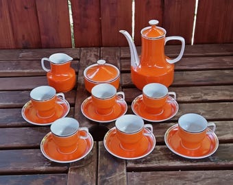Hungarian BRIGHT ORANGE Hollohaza coffee set.