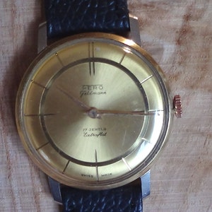 Fero Swiss mechanical watch, mens watchgents watch, vintage watch, golden watch, art deco watch, black strap watch, GOLDEN GATE TRAFFIC