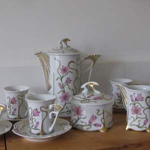 Hungarian Hollóházi Art Deco FLOWERY GOLD EXCLUSIVE fine porcelain design coffee set