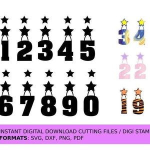 Numeri appesi 1,2,3,4,5,6,7,8,9,0 con stelle attaccate. Download digitale File di taglio: formati SVG, DXF, Timbro Digi - PNG e PDF