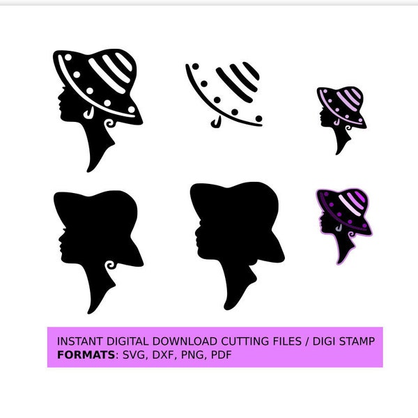 Fun Stylish Fashionable Girl/Woman/Female With Hat Silhouette. Digital Download Cutting files: svg, dxf formats, Digi Stamp- png, and pdf