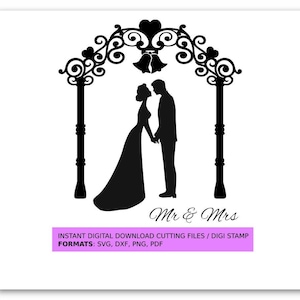 Mr e Mrs Silhouette, Coppia felice, Matrimonio, Sposato, Sposa e sposo, Romantico, Arco. Download digitale File di taglio in formato svg, pdf, png, dxf