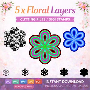 Floral Layers Cutting Files, Digi Stamps, Card Making (Digital Download - svg, png, pdf, dxf, eps)