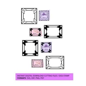 May include: Five black and white digital cutting files of a square frame with a floral design. The files are for use with a cutting machine and can be used to create cards, scrapbook pages, and other crafts. The text "INSTANT DIGITAL DOWNLOAD CUTTING FILES / DIGI STAMP" and "FORMATS: SVG, DXF, PNG, PDF" is at the bottom of the image.
