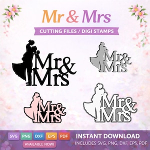 Mr & Mrs Wedding Couple Cutting File: Silhouette Bride Groom (Digital Download - svg, png, pdf, dxf, eps)