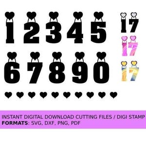 Numeri sospesi 1, 2, 3, 4, 5, 6, 7, 8, 9, 0 con cuori attaccati. Download digitale. File di taglio: formati svg, dxf, Digi Stamp - png e pdf.