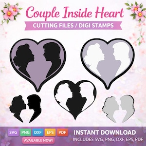 Couple Heart Cutting Files, Bride Groom Silhouette (Digital Download - svg, png, pdf, dxf, eps)