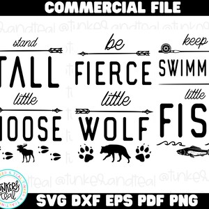 Inspirerende buitenkwekerij SVG, Be Fierce SVG, Stand Tall SVG, Keep Swimming SVG, Wolf Sign, Moose Decor, Fish Quote, Outdoor Nursery