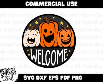 Welcome Pumpkin door hanger SVG halloween door hanger SVG halloween svg sayings funny halloween round sign svg