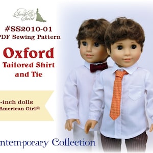 May include: A PDF sewing pattern for an Oxford tailored shirt and tie for 18-inch dolls, such as American Girl dolls. The pattern is titled "#SS2010-01 Oxford Tailored Shirt and Tie" and is part of the "Contemporary Collection".