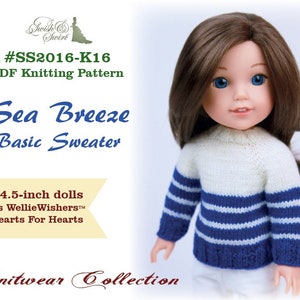 May include: A knitting pattern for a blue and white striped sweater for 14-14.5 inch dolls. The pattern is called "Sea Breeze Basic Sweater" and is part of the "Knitwear Collection".