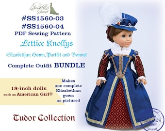 PDF Pattern Bundle #SS1560-03 & #SS1560-04. Lettice Knollys Elizabethan Gown, Partlet and Bonnet for 18-inch dolls.