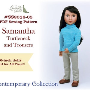Puede incluir: Un patrón de costura PDF para una muñeca de 40,6 cm, con un cuello de tortuga azul y pantalones grises. El patrón se titula "Samantha Turtleneck and Trousers" y forma parte de la "Contemporary Collection".