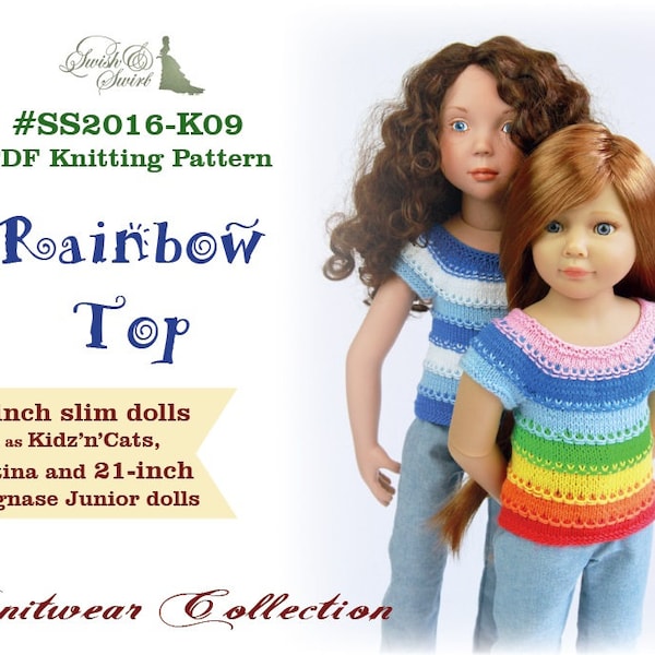 PDF Knitting Pattern #SS2016-K09. Rainbow Top for 18-inch slim dolls like Kidz'nCats, Carpatina, Zwergnase Junior.