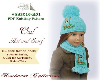 PDF Knitting Pattern #SS2016-K01. Owl Hat and Scarf for 16-18-inch dolls like A Girl for All Time, Sasha and Kidz'n'Cats.