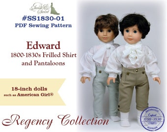 Puede incluir: Un patrón de costura PDF para una muñeca de 45,7 cm, titulado "Edward 1800-1830s Frilled Shirt and Pantaloons." El patrón forma parte de la "Regency Collection" y es históricamente preciso para el período 1780-1830. El patrón es adecuado para muñecas como American Girl.