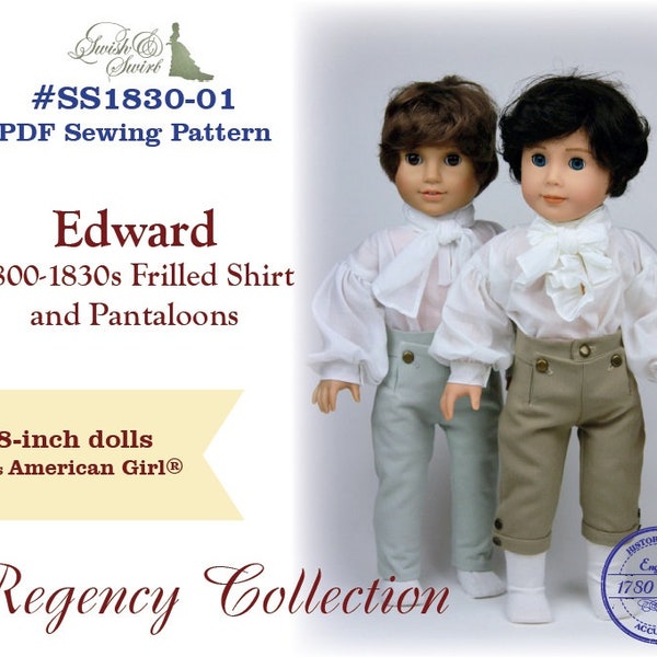 Modèle PDF #SS1830-01. Chemise et pantalon à volants Edward 1800-1830 pour poupées de 18 pouces telles qu'American Girl®