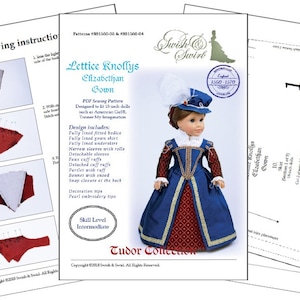 May include: A sewing pattern for an Elizabethan gown for 18-inch dolls. The pattern includes instructions and diagrams for the bodice, skirt, and other details. The doll in the image is wearing a blue and red gown with gold trim.