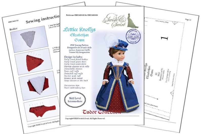 May include: A sewing pattern for an Elizabethan gown for 18-inch dolls. The pattern includes instructions and diagrams for the bodice, skirt, and other details. The doll in the image is wearing a blue and red gown with gold trim.