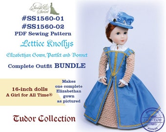 PDF Pattern Bundle #SS1560-01 & #SS1560-02. Lettice Knollys Elizabethan Gown, Partlet and Bonnet for A Girl for All Time dolls.