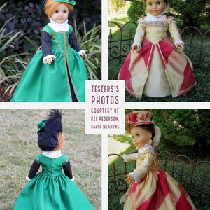 May include: Four images of dolls wearing historical costumes. One doll wears a green dress with black sleeves and a green hat with a feather. Another doll is in a gold and red dress with a matching hat. The text "TESTER'S PHOTOS" is visible.