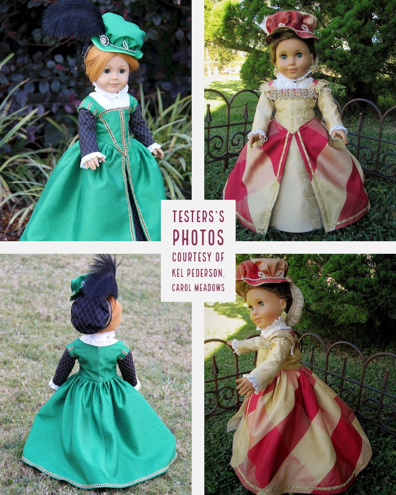 May include: Four images of dolls wearing historical costumes. One doll wears a green dress with black sleeves and a green hat with a feather. Another doll is in a gold and red dress with a matching hat. The text "TESTER'S PHOTOS" is visible.