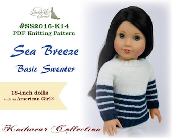 PDF Knitting Pattern #SS2016-K14. Sea Breeze Basic Sweater for 18-inch dolls like American Girl®, Florrie, Tonner My Imagination.