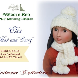 PDF Knitting Pattern #SS2016-K20. Elsa Hat and Scarf for 16-inch dolls like A Girl for All Time and Sasha.