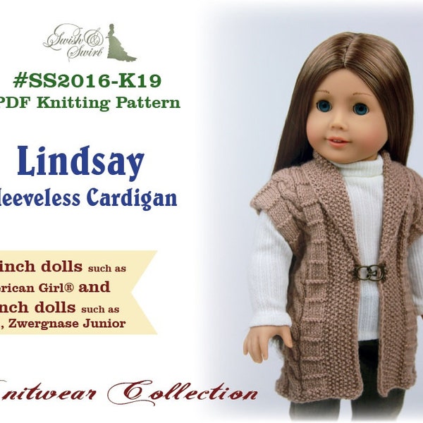 PDF Knitting Pattern #SS2016-K19. Lindsay Sleeveless Cardigan for 18-inch dolls like American Girl®, 19-inch dolls like Gotz, Zwergnase Jnr